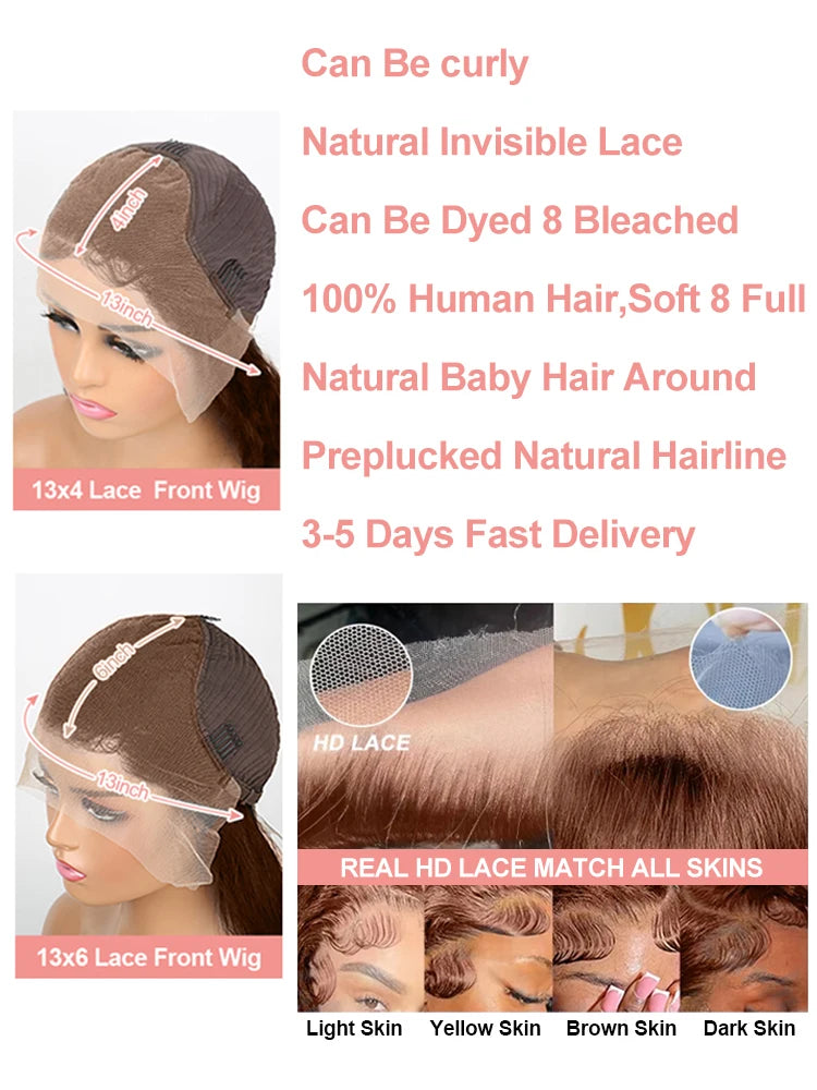 Chocolate Brown 13x4 / 13x6 HD Lace Front Wig – 100% Brazilian Virgin Human Hair, Deep Curly / Water Wave, 180–250% Density, Long 30–36 Inch, Pre-Plucked with Baby Hair