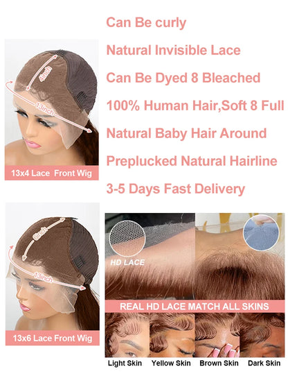 Chocolate Brown 13x4 / 13x6 HD Lace Front Wig – 100% Brazilian Virgin Human Hair, Deep Curly / Water Wave, 180–250% Density, Long 30–36 Inch, Pre-Plucked with Baby Hair