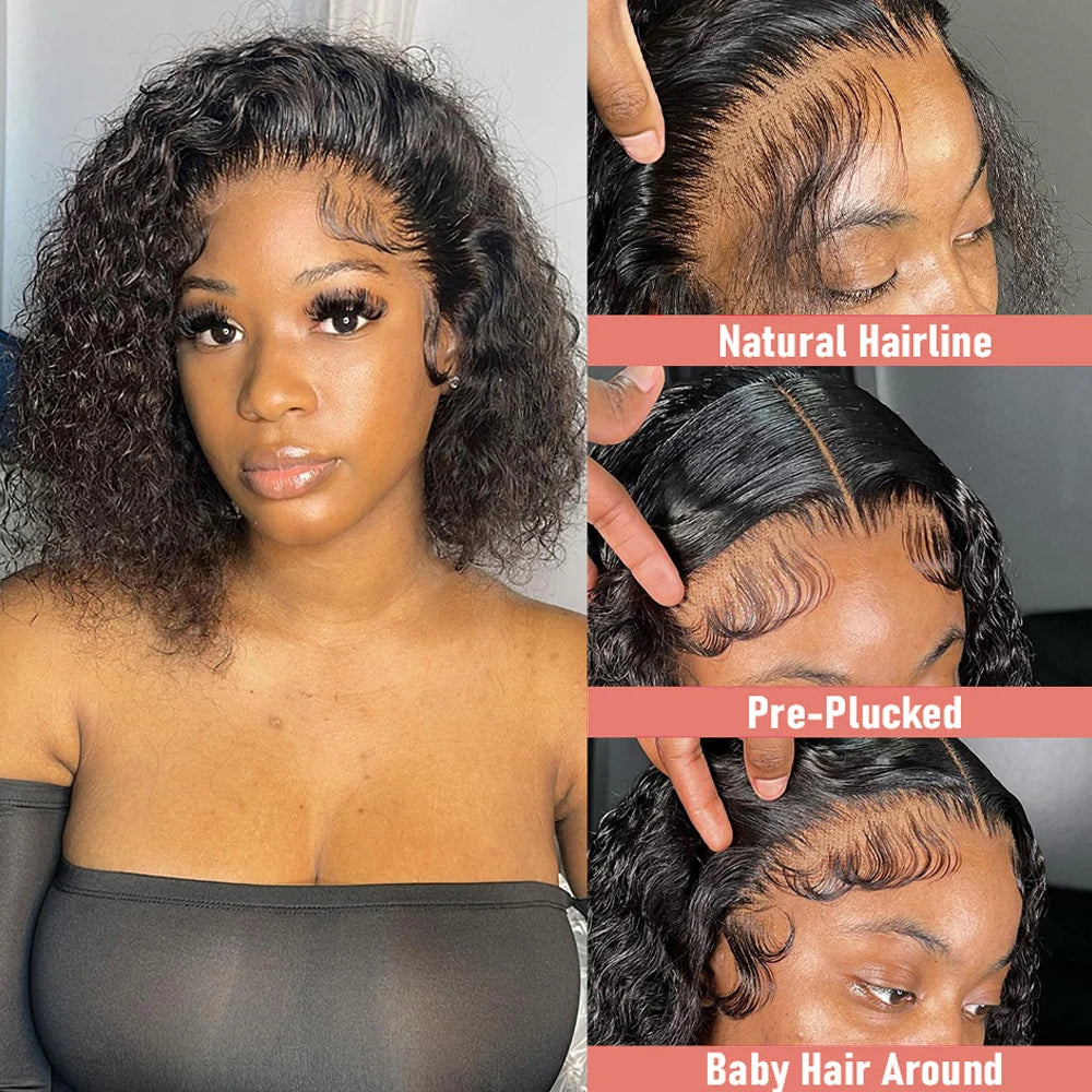 Natural Black 13x4 / 13x6 HD Lace Front Wig – 100% Brazilian Remy Human Hair, Deep Water Wave Curly Bob, 180–250% Density, Pre-Plucked with Baby Hair
