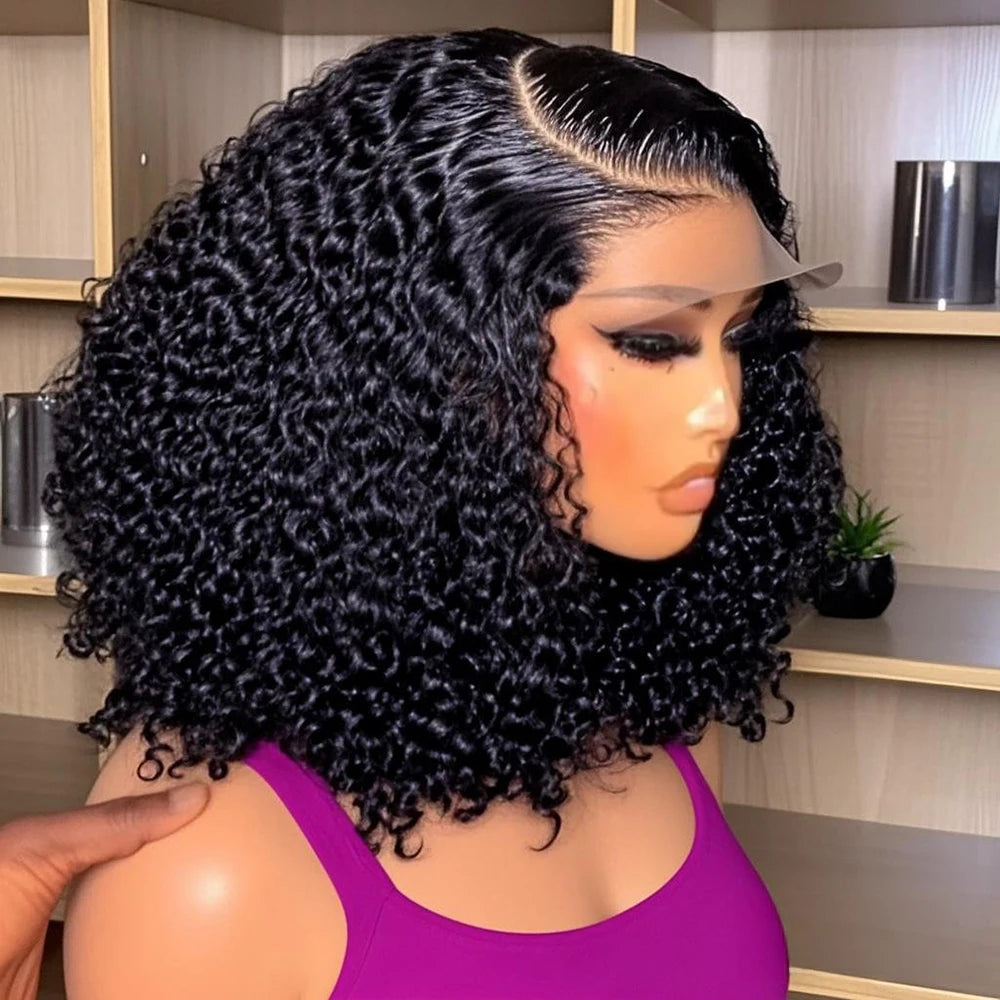 Natural Black 13x4 / 13x6 HD Lace Front Wig – 100% Brazilian Remy Human Hair, Deep Water Wave Curly Bob, 180–250% Density, Pre-Plucked with Baby Hair