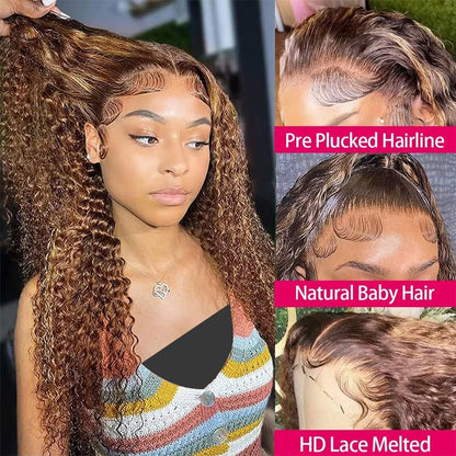 4/27 Highlight Ombre 13x4 / 13x6 HD Lace Front Wig – 100% Brazilian Remy Human Hair, Deep Wave / Curly, 190–210% Density, Long 18–36 Inch, Pre-Plucked with Baby Hair