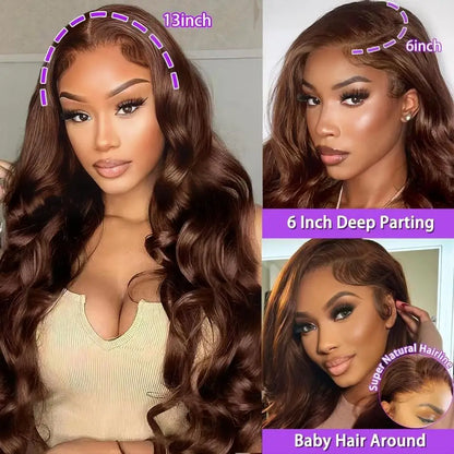 Body Wave Chocolate Brown Lace Front Wig – 13x6 / 13x4 Pre-Plucked Human Hair Wig | 30-34 Inch Brazilian Wig
