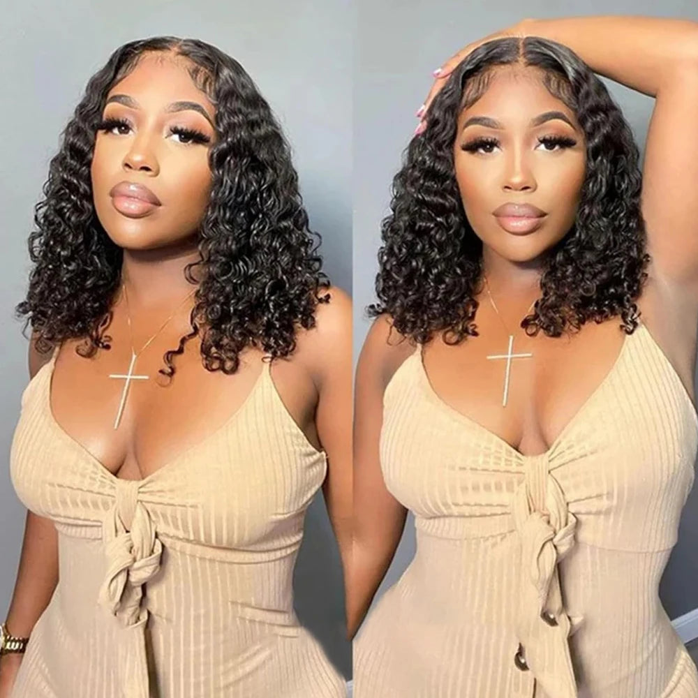 Short Curly Water Wave HD Lace Front Wig – 100% Indian Remy Human Hair, 13x4 / 13x6 Transparent Lace, Pre-Plucked Bob Wig with Baby Hair, 180% Density