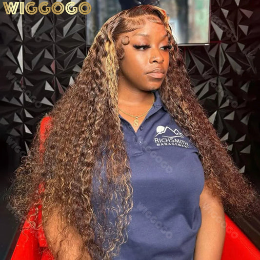 4/27 Highlight Ombre 13x4 / 13x6 HD Lace Front Wig – 100% Brazilian Remy Human Hair, Deep Wave / Curly, 190–210% Density, Long 18–36 Inch, Pre-Plucked with Baby Hair