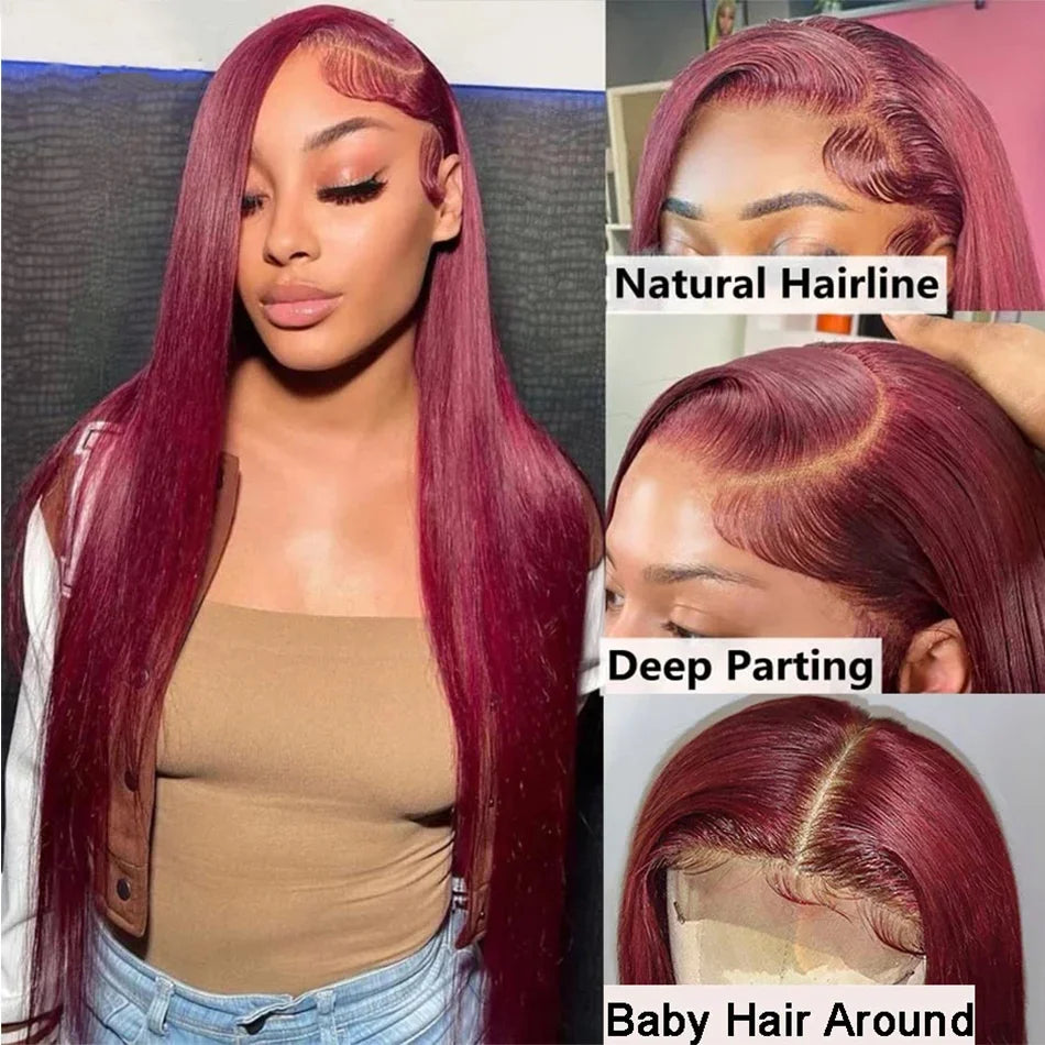 99J Burgundy 13x4 / 13x6 HD Lace Front Wig – 100% Brazilian Remy Human Hair, Full Frontal, Bone Straight, Pre-Plucked with Baby Hair, Transparent Lace, Long 26-Inch+