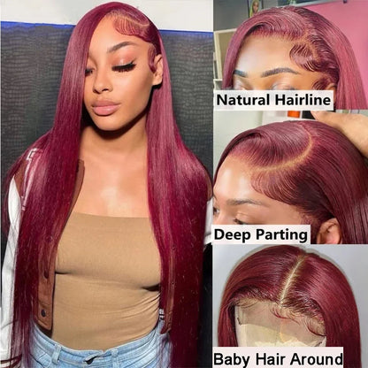 99J Burgundy 13x4 / 13x6 HD Lace Front Wig – 100% Brazilian Remy Human Hair, Full Frontal, Bone Straight, Pre-Plucked with Baby Hair, Transparent Lace, Long 26-Inch+