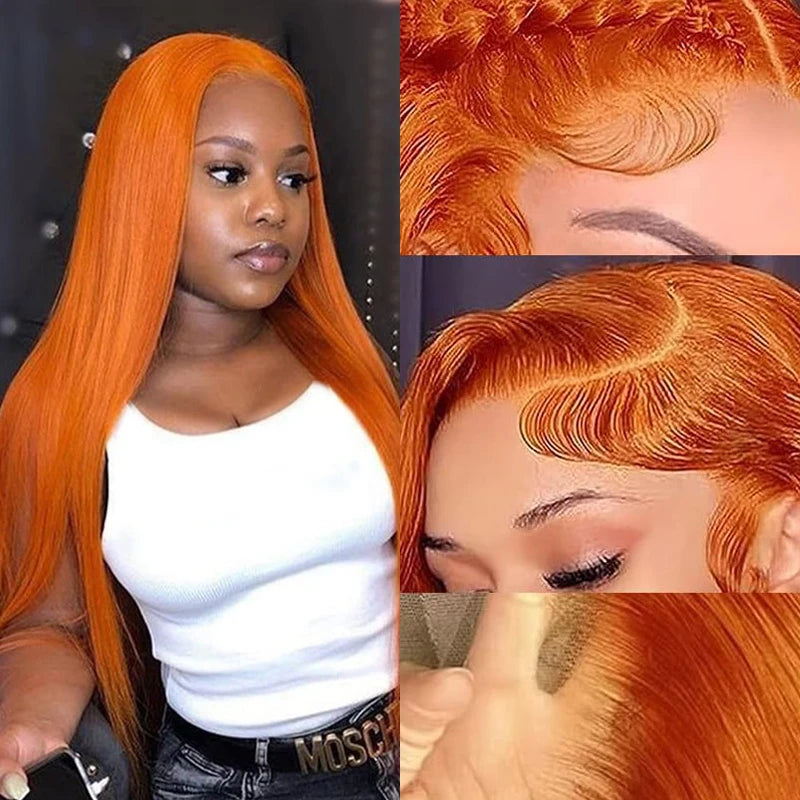 30 Inch Straight Orange Ginger Lace Front Wig – 13x6 HD Transparent Lace, 100% Brazilian Remy Human Hair, Pre-Plucked Natural Look