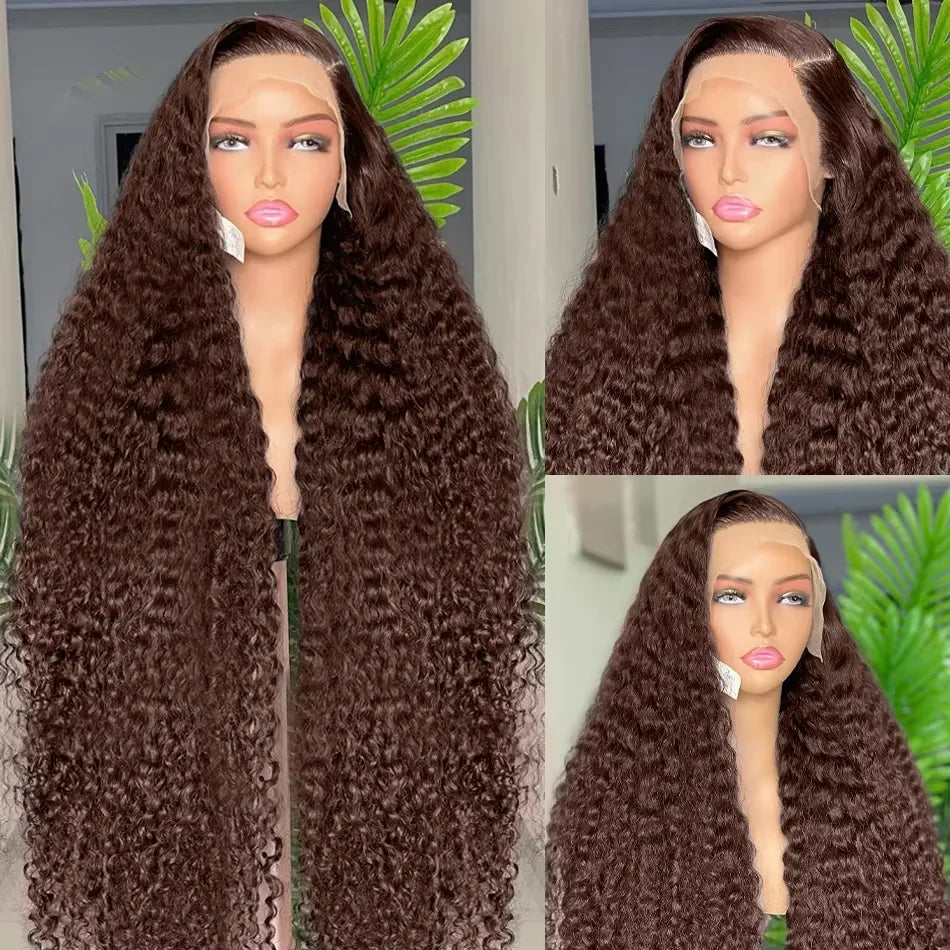 Chocolate Brown 13x4 / 13x6 HD Lace Front Wig – 100% Brazilian Remy Human Hair, Deep Curly / Water Wave, Pre-Plucked with Baby Hair, Long 30–36 Inch