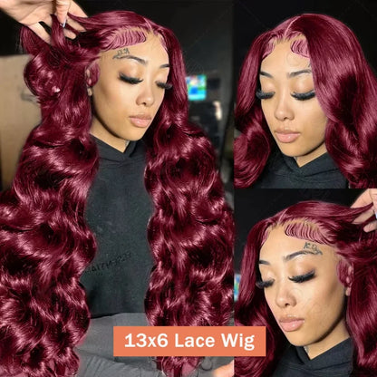99J Burgundy 13x4 / 13x6 HD Lace Front Wig – 100% Brazilian Remy Human Hair, Body Wave, 220% Density, Pre-Plucked with Baby Hair, Long 26-Inch+