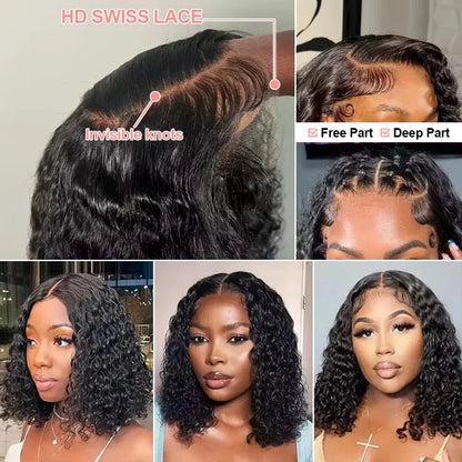 Natural Black 13x4 / 13x6 HD Lace Front Wig – 100% Brazilian Remy Human Hair, Deep Water Wave Curly Bob, 180–250% Density, Pre-Plucked with Baby Hair