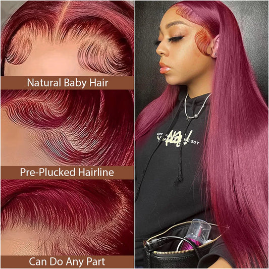 28–36 Inch Burgundy 99J HD Lace Front Wig – 100% Brazilian Remy Human Hair, Bone Straight, 13x6 Transparent Lace, 180–200% Density, Pre-Plucked with Baby Hair
