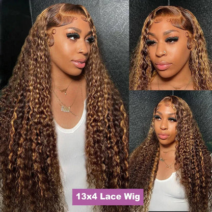 4/27 Highlight Ombre 13x4 / 13x6 HD Lace Front Wig – 100% Brazilian Remy Human Hair, Deep Wave / Curly, 190–210% Density, Long 18–36 Inch, Pre-Plucked with Baby Hair