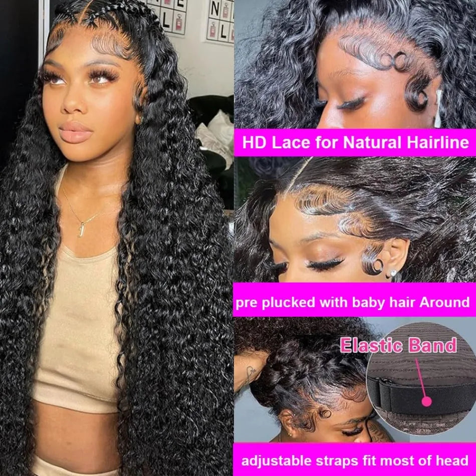 Deep Wave HD Lace Front Wig – 100% Brazilian Human Hair – Pre-Plucked, 200% Density – 24" to 40"