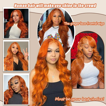 Ginger Orange 13x6 Lace Front Wig Human Hair – 200% Density Body Wave, 100% Brazilian Remy, Pre-Plucked Natural Hairline