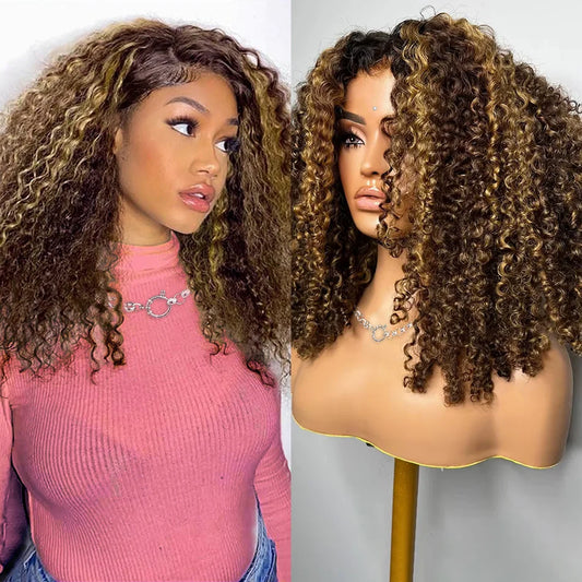 Honey Blonde Highlight Bob Wig – 100% Brazilian Human Hair, 5x5 HD Lace Closure, Curly Deep Wave, Glueless Pre-Cut Wig, Ombre P4/27, 200% Density
