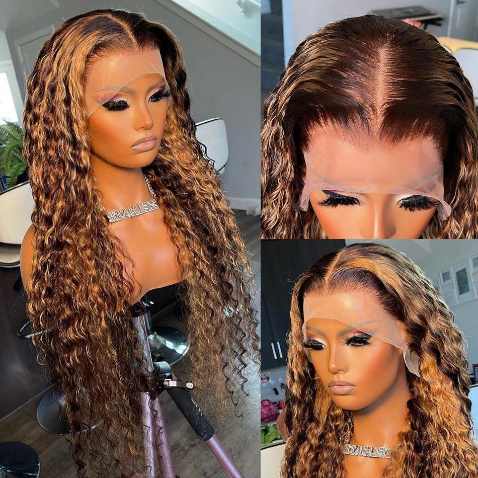 4/27 Highlight Ombre 13x4 / 13x6 HD Lace Front Wig – 100% Brazilian Remy Human Hair, Deep Wave / Curly, 190–210% Density, Long 18–36 Inch, Pre-Plucked with Baby Hair