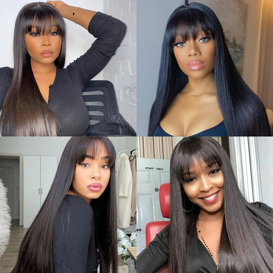 Bone Straight Human Hair Wig with Bangs – 100% Brazilian Remy, 30 Inch Long, 3x1 HD Lace, Glueless Natural Black Wig for Women