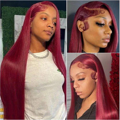 30-Inch Burgundy 99J HD Lace Front Wig – 100% Brazilian Remy Human Hair, Bone Straight, 13x4 / 13x6 Transparent Lace, 200–220% Density, Pre-Plucked with Baby Hair