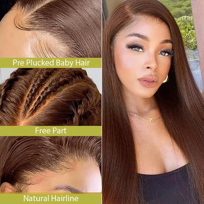 Chocolate Brown Straight Human Hair HD Lace Front Wig | 13x4 or 13x6 | 18"–30" | 200%–220% Density