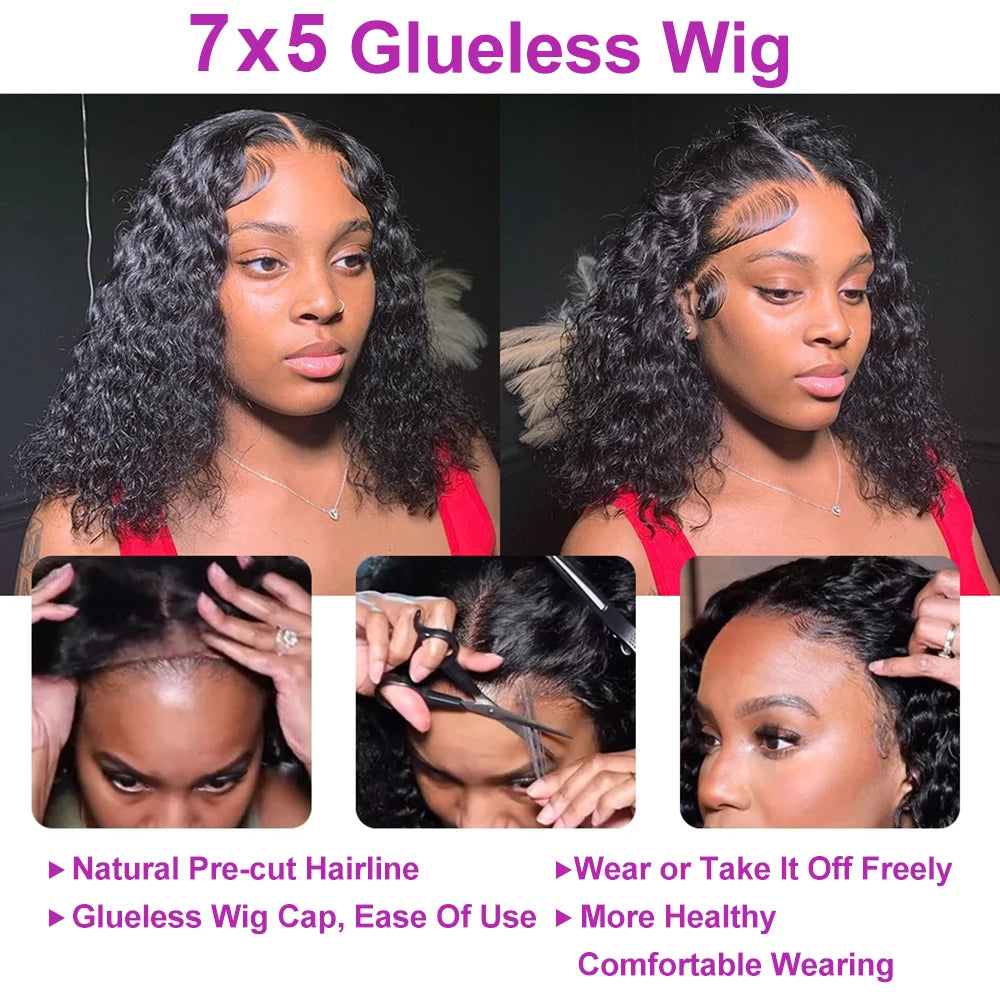 Ready-to-Wear Glueless Deep Wave Lace Frontal Wig – 100% Human Hair, 13x4 & 7x5 HD Lace, 250% Density, Pre-Plucked Bob Wig (8”–14”)