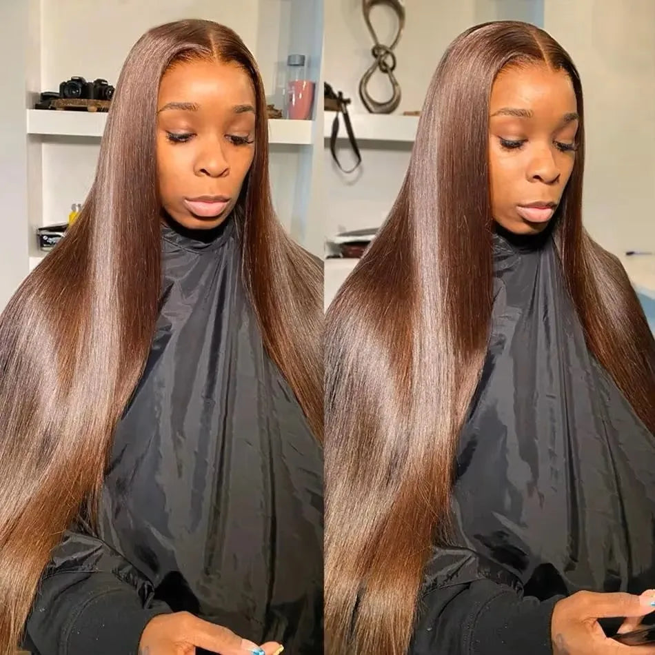 Chocolate Brown 13x4 / 13x6 HD Lace Front Wig – 100% European Remy Human Hair, Bone Straight, Transparent Lace, Pre-Plucked with Baby Hair, 200% Density, Long 26–46 Inch