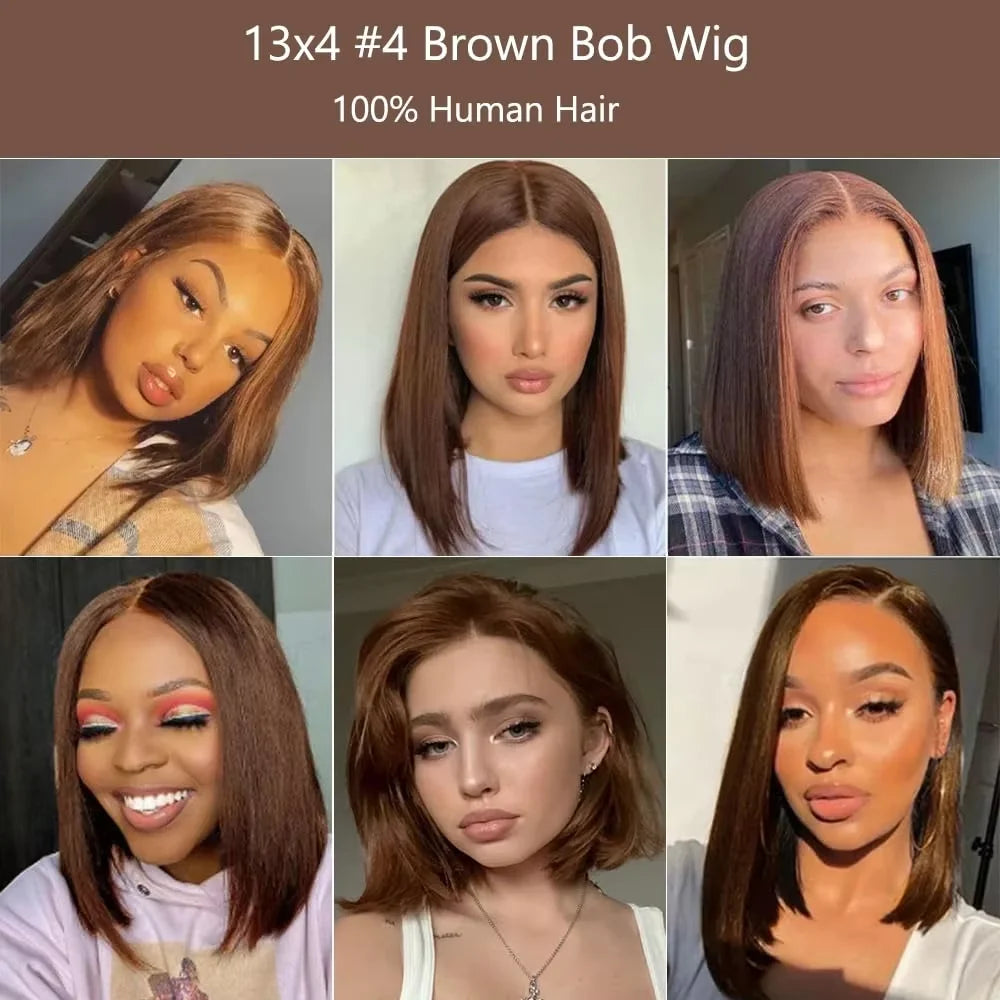 Chocolate Brown 13x4 HD Lace Front Bob Wig – 100% Brazilian Remy Human Hair, Bone Straight, Full Frontal, Pre-Plucked with Baby Hair, 220% Density