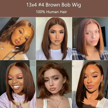 Chocolate Brown 13x4 HD Lace Front Bob Wig – 100% Brazilian Remy Human Hair, Bone Straight, Full Frontal, Pre-Plucked with Baby Hair, 220% Density