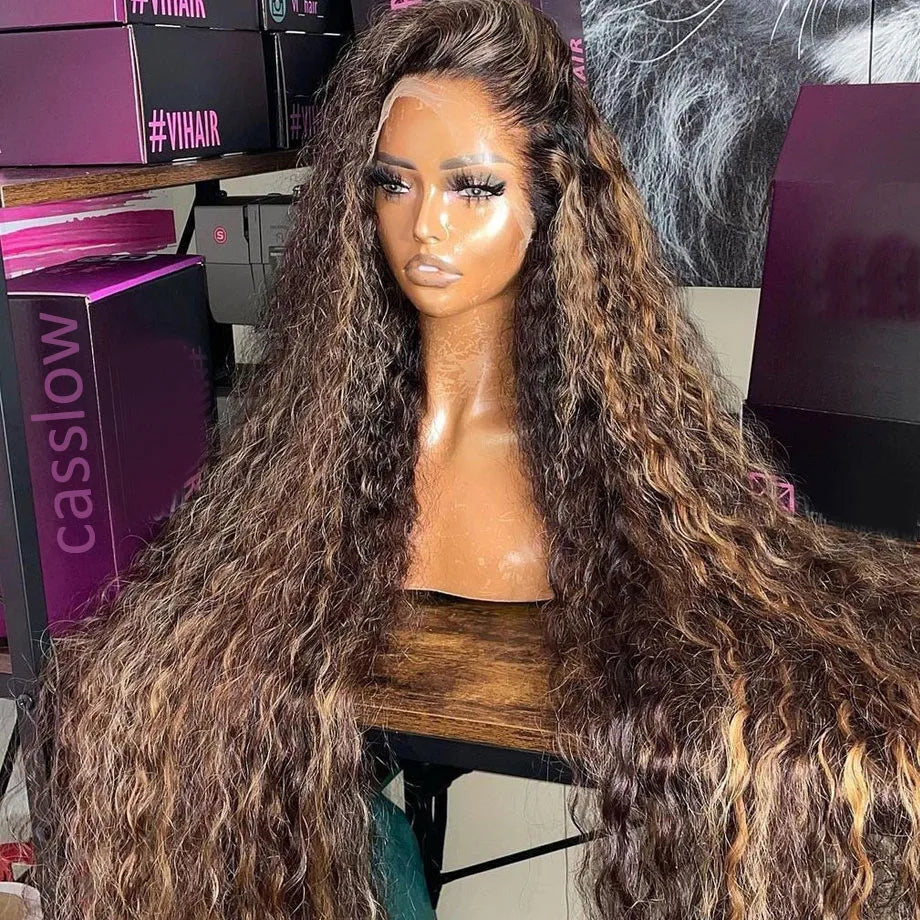 Highlight Ombre 13x4 / 13x6 HD Lace Front Wig – 100% Brazilian Remy Human Hair, Deep Wave / Water Wave Texture, Pre-Plucked Hairline, P4/27 Color, Long 26-Inch+