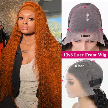 Ginger Orange 13x4 / 13x6 HD Lace Front Wig – 100% Brazilian Remy Human Hair, Deep Wave / Water Wave, Pre-Plucked with Baby Hair, Long 38 Inch
