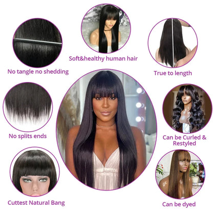 Bone Straight Human Hair Wig with Bangs – 100% Brazilian Remy, 30 Inch Long, 3x1 HD Lace, Glueless Natural Black Wig for Women