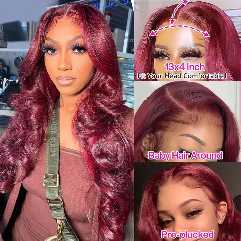 99J Burgundy HD Lace Front Wig – 100% Brazilian Remy Human Hair, Body Wave, 13x4 / 13x6 Transparent Lace, 180–250% Density, Pre-Plucked, Glueless & Long 26-Inch+