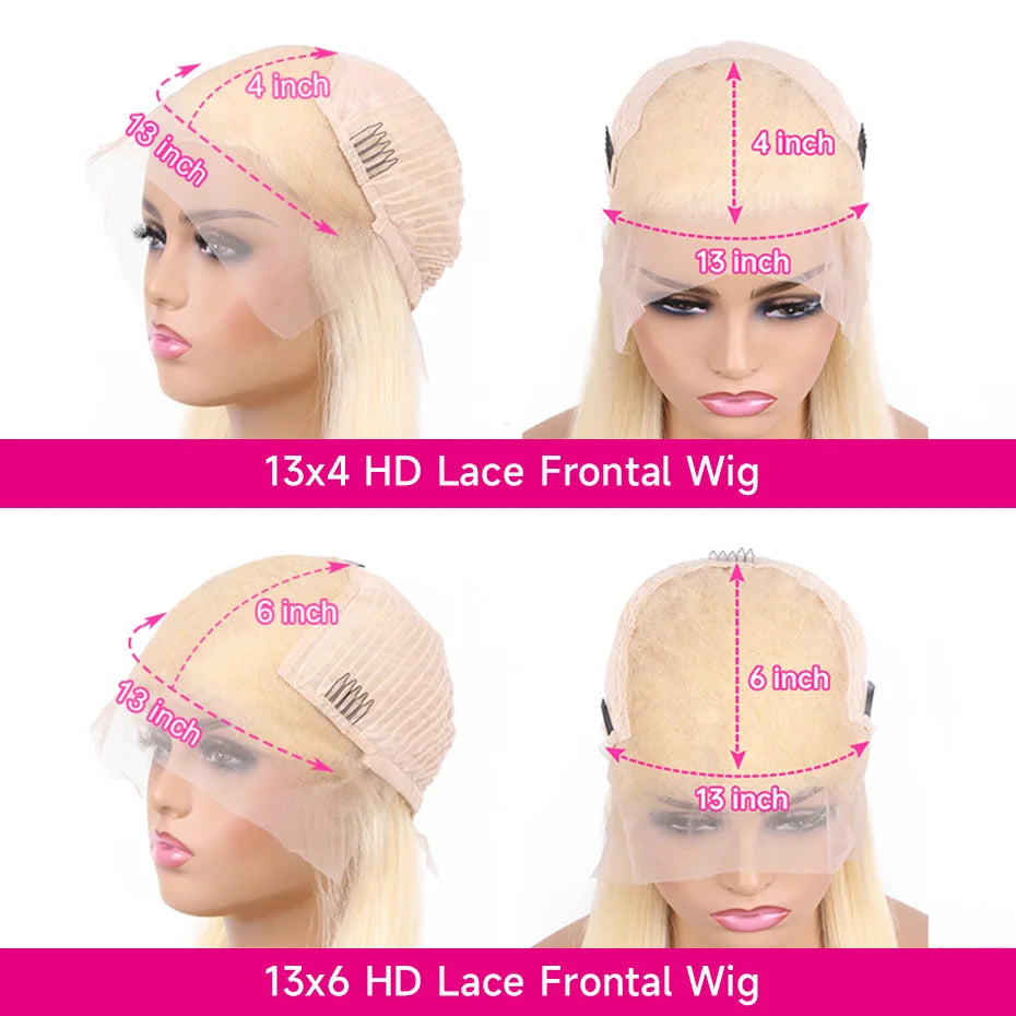 36–44 Inch 613 Blonde HD Lace Front Wig – 100% Brazilian Remy Human Hair, Body Wave, 13x4 / 13x6 Lace Frontal, 250–300% Density, Pre-Plucked with Baby Hair