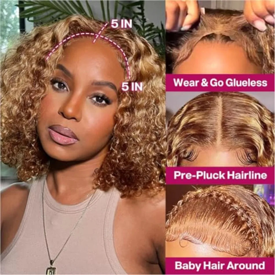 Honey Blonde Deep Wave Bob Wig – 5x5 HD Lace Glueless 220%