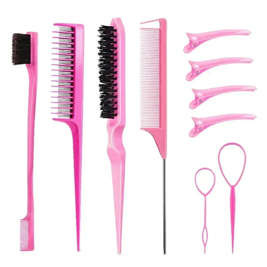 3–10 PCS Hair Styling Comb Set – Teasing Brush, Rat Tail Comb, Edge Brush & Braid Loop Tools for Professional Hairdressing