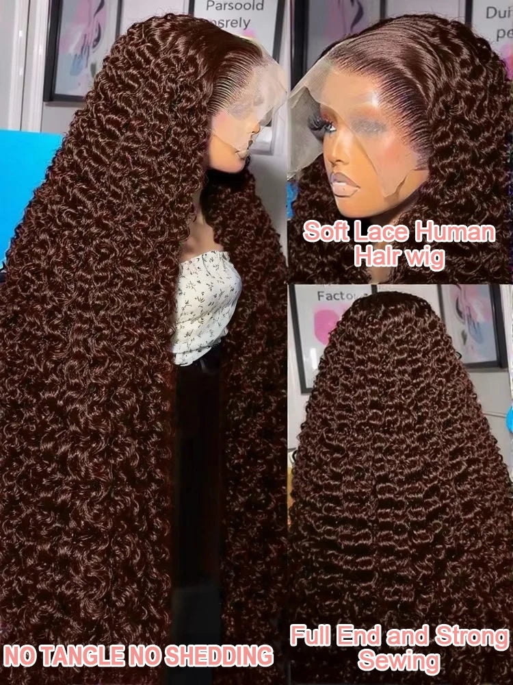 Chocolate Brown 13x4 / 13x6 HD Lace Front Wig – 100% Brazilian Virgin Human Hair, Deep Curly / Water Wave, 180–250% Density, Long 30–36 Inch, Pre-Plucked with Baby Hair
