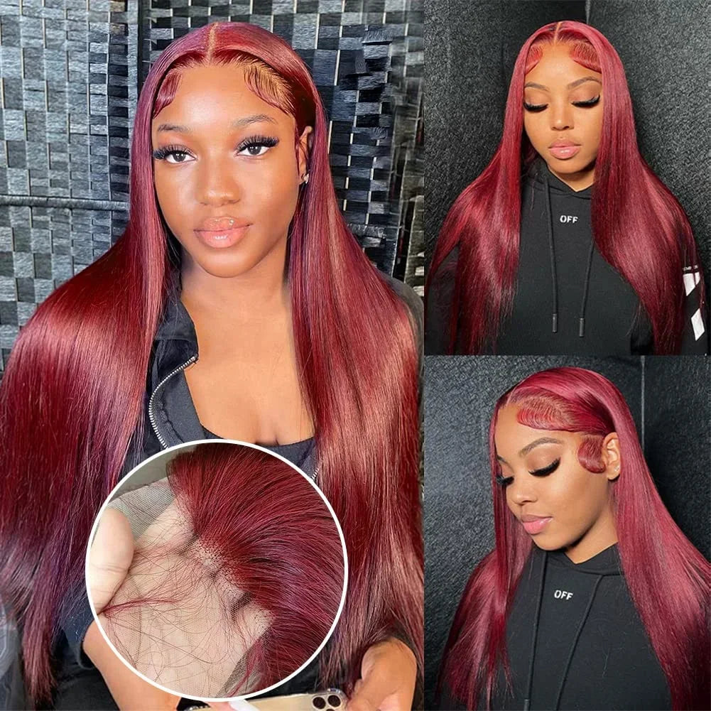 99J Burgundy 13x4 / 13x6 HD Lace Front Wig – 100% Brazilian Remy Human Hair, Full Frontal, Bone Straight, Pre-Plucked with Baby Hair, Transparent Lace, Long 26-Inch+