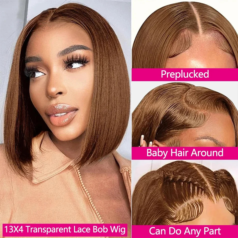 Chocolate Brown 13x4 HD Lace Front Bob Wig – 100% Brazilian Remy Human Hair, Bone Straight, Full Frontal, Pre-Plucked with Baby Hair, 220% Density