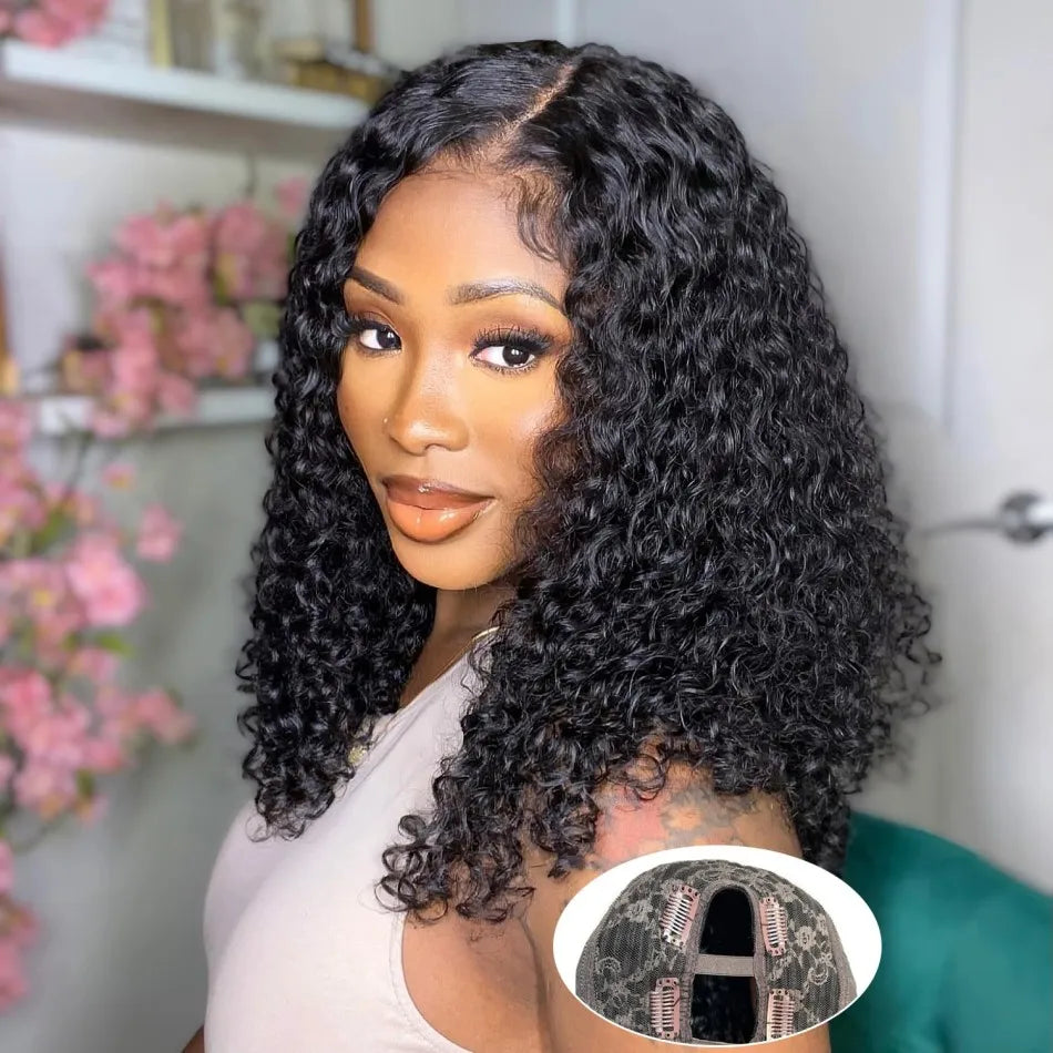 Curly V Part Wig – 30 Inch Deep Wave, Glueless No Leave Out, Brazilian Human Hair, 180%-220% Density, Natural Color