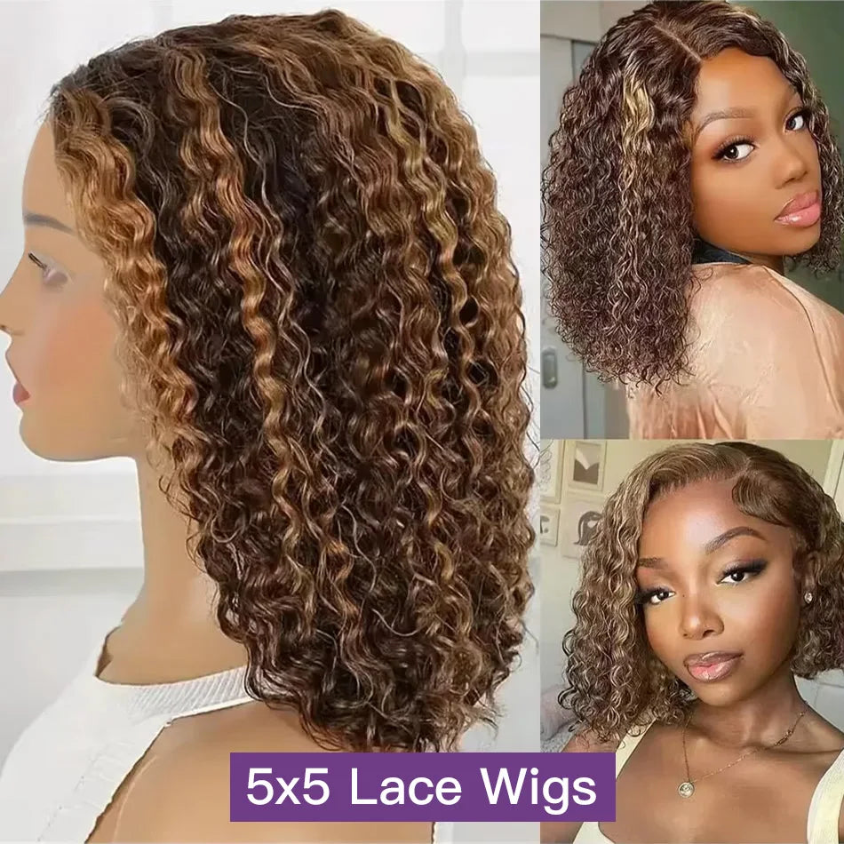Honey Blonde Highlight Bob Wig – 100% Brazilian Human Hair, 5x5 HD Lace Closure, Curly Deep Wave, Glueless Pre-Cut Wig, Ombre P4/27, 200% Density
