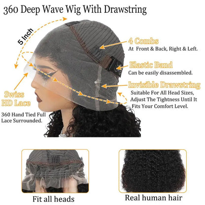 360° HD Full Lace Deep Wave Wig – 100% Brazilian Remy Human Hair, 13x6 Lace Frontal, Glueless Invisible Strap, Pre-Plucked with Baby Hair, 30–40 Inch, 200% Density