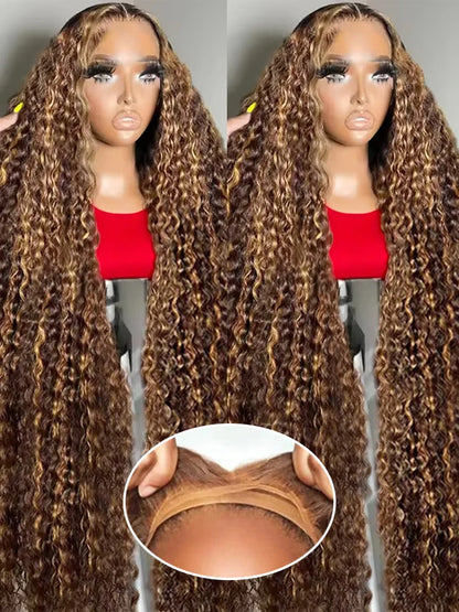 Highlight Ombre 13x4 / 7x5 HD Lace Front Wig – 100% Brazilian Remy Human Hair, Deep Water Wave, 250% Density, Glueless “Wear & Go” Wig, Pre-Plucked, Brown Ombre