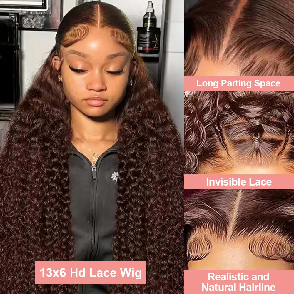 Chocolate Brown 13x4 / 13x6 HD Lace Front Wig – 100% Brazilian Virgin Human Hair, Deep Curly / Water Wave, 180–250% Density, Long 30–36 Inch, Pre-Plucked with Baby Hair