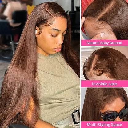 Chocolate Brown 13x4 / 13x6 HD Lace Front Wig – 100% European Remy Human Hair, Bone Straight, Transparent Lace, Pre-Plucked with Baby Hair, 200% Density, Long 26–46 Inch
