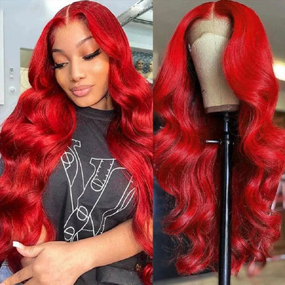 Hot Red 13x4 HD Lace Front Wig – 100% Brazilian Remy Human Hair, Bone Straight, 99J Burgundy Color, Pre-Plucked with Baby Hair, Long 26-Inch+