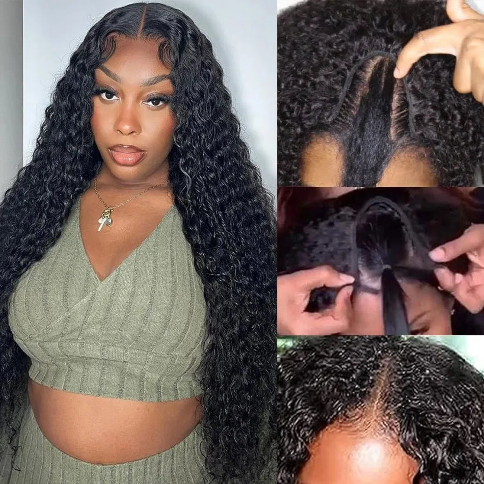 Curly V Part Wig – 30 Inch Deep Wave, Glueless No Leave Out, Brazilian Human Hair, 180%-220% Density, Natural Color