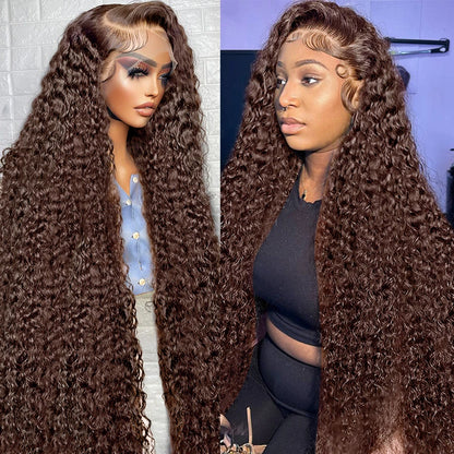 Chocolate Brown 13x4 / 13x6 HD Lace Front Wig – 100% Brazilian Remy Human Hair, Deep Curly / Water Wave, Pre-Plucked with Baby Hair, Long 30–36 Inch