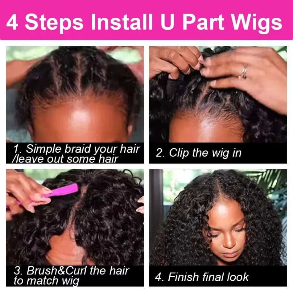 Curly V Part Wig – 30 Inch Deep Wave, Glueless No Leave Out, Brazilian Human Hair, 180%-220% Density, Natural Color