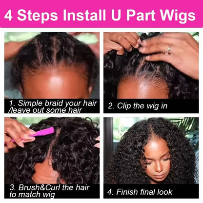 Curly V Part Wig – 30 Inch Deep Wave, Glueless No Leave Out, Brazilian Human Hair, 180%-220% Density, Natural Color