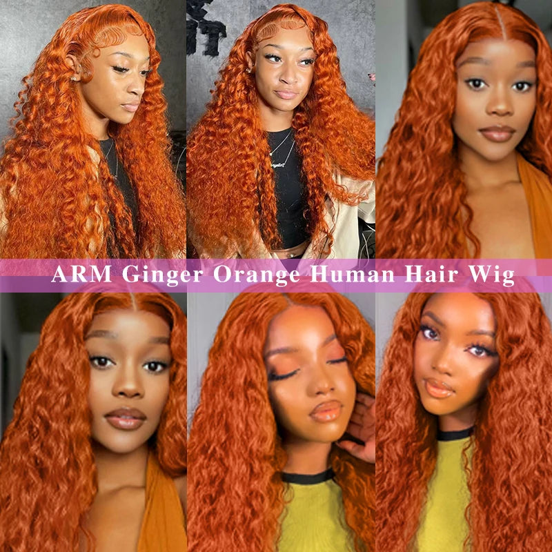 Ginger Orange #350 13x4 / 13x6 HD Lace Front Wig – 100% Peruvian Remy Human Hair, Water Wave / Deep Curly, Pre-Plucked with Baby Hair, Long 26+ Inch