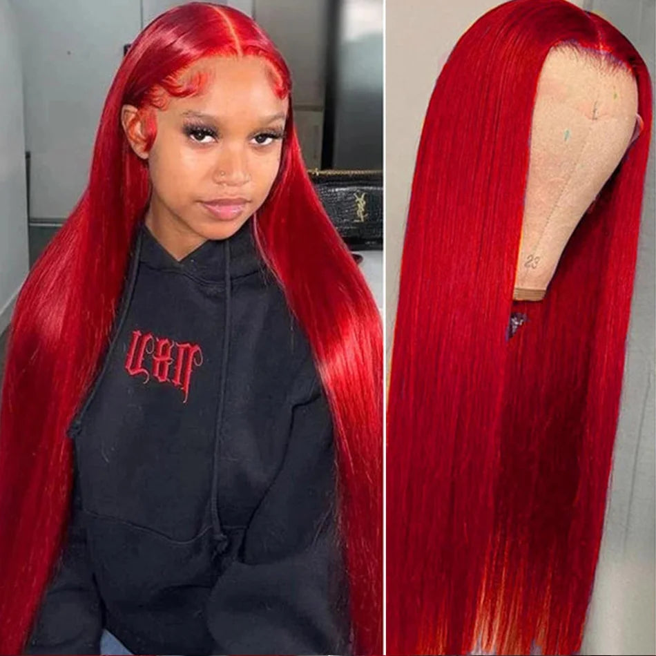 Hot Red 13x4 HD Lace Front Wig – 100% Brazilian Remy Human Hair, Bone Straight, 99J Burgundy Color, Pre-Plucked with Baby Hair, Long 26-Inch+